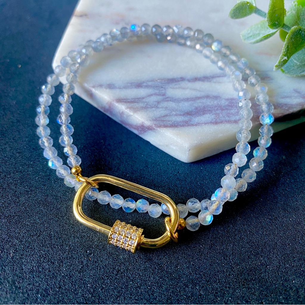 Labradorite Necklace With Gold Carabiner Front Clasp Charm Holder